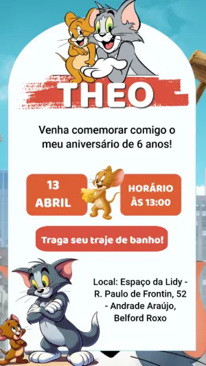 Convite de Aniversário Tom e Jerry Divertido para Editar