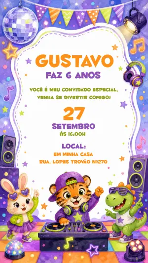 Convite Aniversário Balada Animal Editável para Festa Infantil