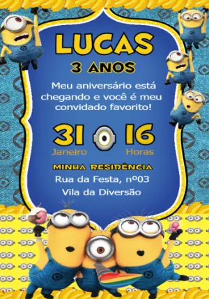 Convite Digital Aniversário Infantil Tema Minions Editável