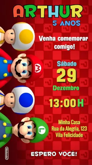 Convite de Aniversário Super Mario Editável