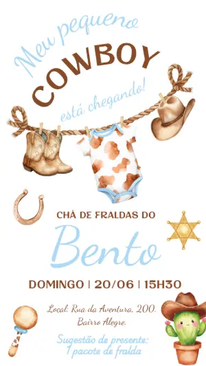 Convite Chá de Fraldas Cowboy Aquarela para Editar