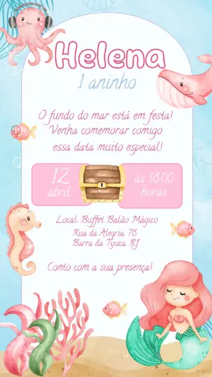 Convite Aniversário Fundo do Mar Sereia para Editar Online