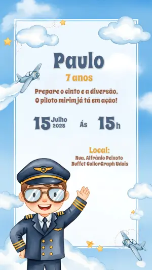 Convite Aniversário Piloto de Avião para Editar Online