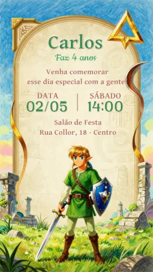 Convite de Aniversário Tema Zelda Aventura para Editar