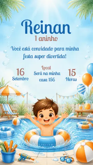 Convite de Aniversário Pool Party Menino Modelo Editável