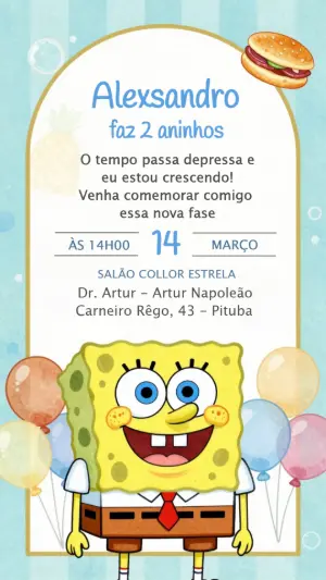 Convite Digital Aniversário Infantil Bob Esponja Editável