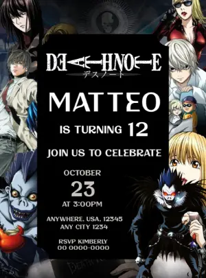 Death Note Anime Birthday Invitation Template - Editable Digital Card