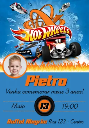 Convite de Aniversário Hot Wheels com Foto para Editar