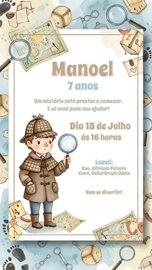 Convite Aniversário Detetive Infantil para Editar Online