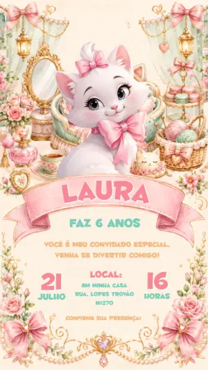Convite de Aniversário Gata Marie Rosa Elegante para Editar