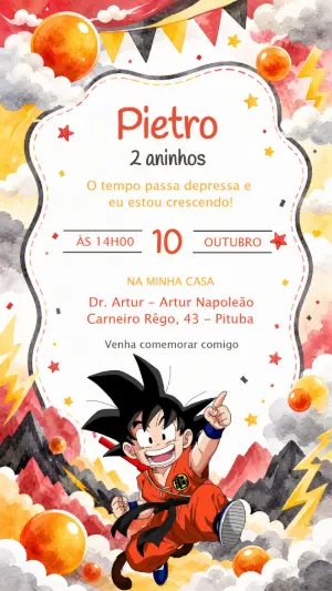 Convite de Aniversário Dragon Ball Aquarela para Editar