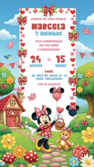 Convite Aniversário Minnie Jardim Encantado para Editar