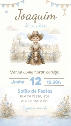 Convite de Aniversário Cowboy Aquarela para Editar