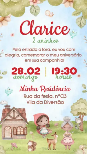 Convite de Aniversário Chapeuzinho Vermelho Aquarela Editável