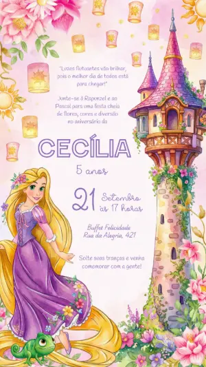 Convite de Aniversário Rapunzel Aquarela para Editar