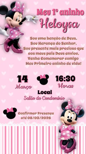 Convite Digital Minnie Rosa Primeiro Aniversário Editável