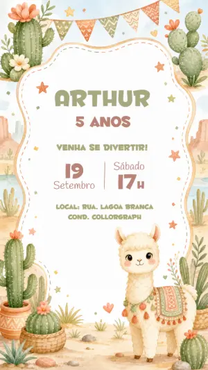 Convite Aniversário Lhama e Cactos Boho Editável
