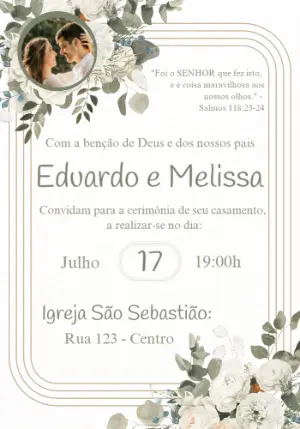 Convite de Casamento Floral Branco com Foto para Editar Online