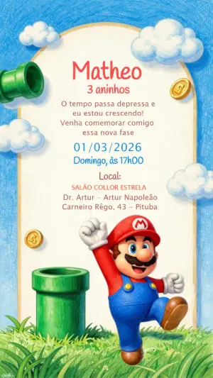 Convite Animado Super Mario para Aniversário Infantil Editável