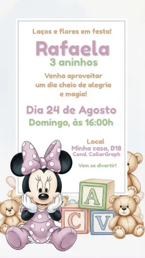 Convite Aniversário Minnie Baby Editável para Imprimir