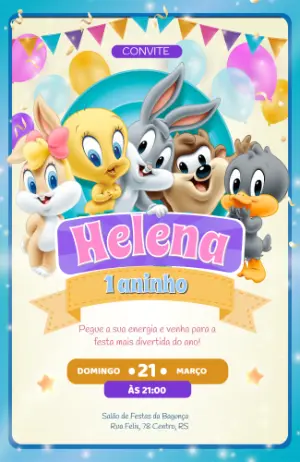 Convite de Aniversário Baby Looney Tunes Editável