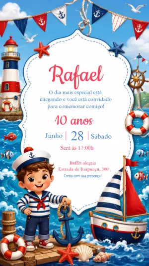Convite de Aniversário Marinheiro Infantil para Editar