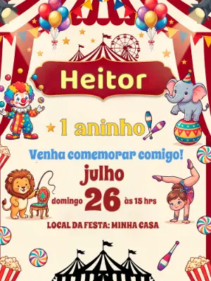 Convite de Aniversário Circo Infantil Colorido para Editar