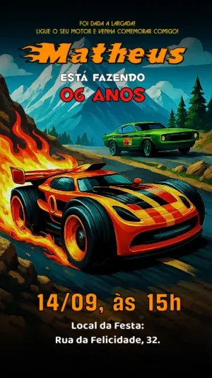 Convite Aniversário Carros de Corrida Radical para Editar Online
