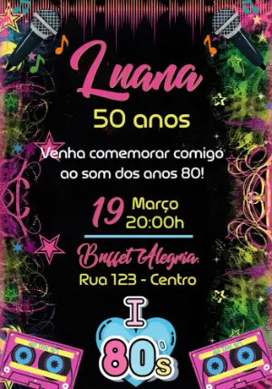 Convite Aniversário Anos 80 Neon | Modelo Digital Editável