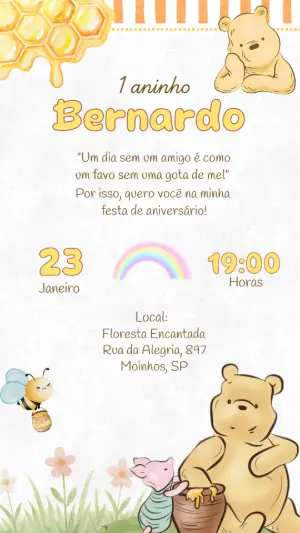 Convite de Aniversário Ursinho Pooh Aquarela para Editar