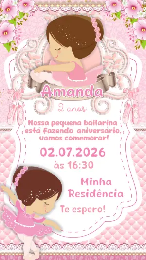 Convite de Aniversário Bailarina Rosa Delicado para Editar