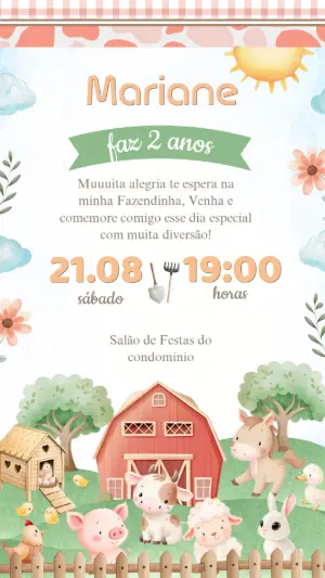 Convite Aniversário Fazendinha com Animais Fofos para Editar