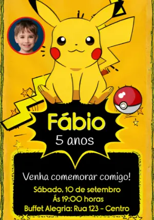 Convite Aniversário Pikachu com Foto para Editar Online