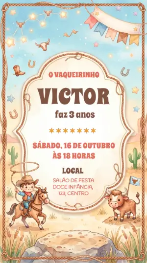 Convite Editável de Aniversário Vaqueiro Menino Country