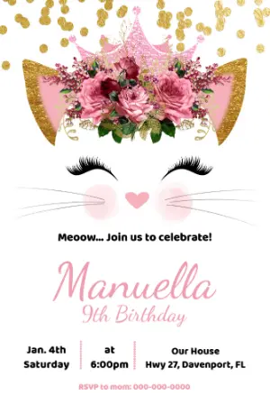 Glam Kitty Cat Birthday Invitation | Editable Template