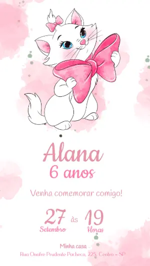 Convite de Aniversário Gatinha Marie Rosa Editável para Meninas