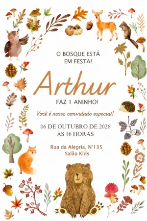 Convite Aniversário Infantil Bosque Encantado Editável