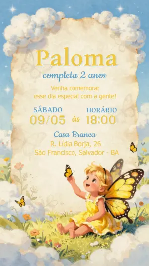 Modelo de Convite Aniversário Borboleta Amarela Editável