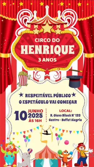 Convite Animado Aniversário Circo para Editar Online