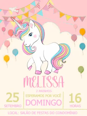 Convite de Aniversário Unicórnio Fofo para Editar Online