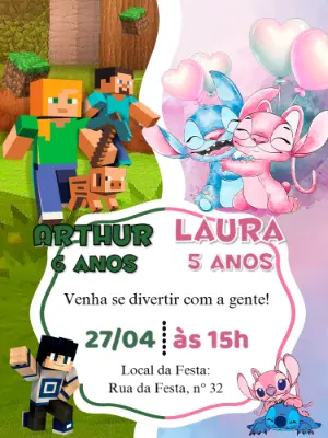 Convite Aniversário Duplo Minecraft e Stitch para Editar Online