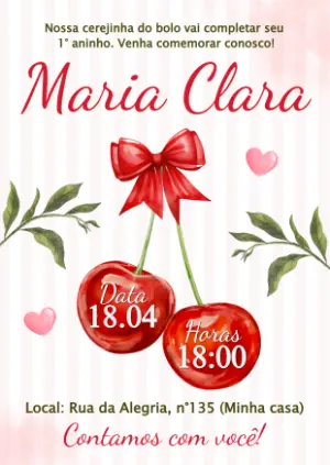 Convite de Aniversário Cerejinha Aquarela para Editar
