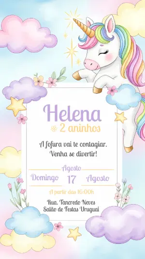 Convite de Aniversário Unicórnio Fofo para Editar Online