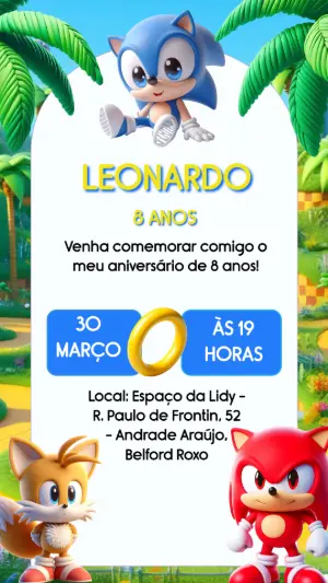 Convite Digital Aniversário Infantil Sonic e Amigos para Editar