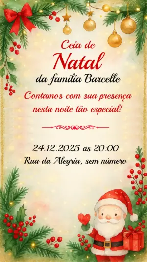 Convite para Ceia de Natal Aquarela com Papai Noel Editável