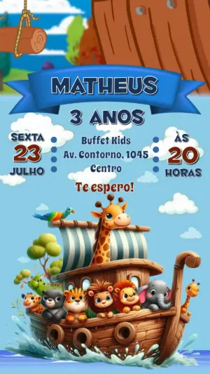 Convite Animado Aniversário Arca de Noé para Editar Online