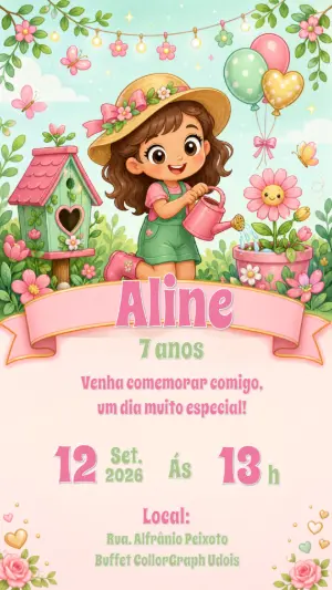 Convite de Aniversário Jardineira Menina | Modelo Digital Editável