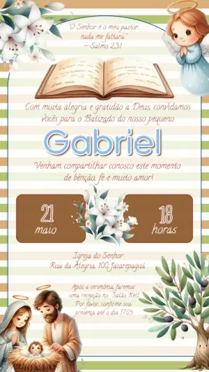 Convite de Batizado Religioso com Anjo e Flores para Editar