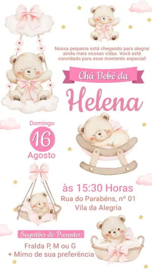 Convite Chá de Bebê Ursinha Menina Aquarela para Editar
