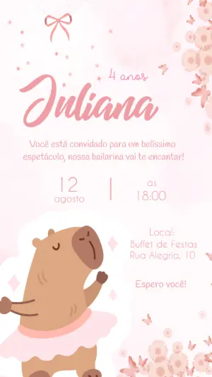 Convite Animado Aniversário Capivara Bailarina para Editar
